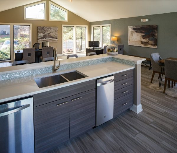 Clubhouse kitchen with sink, fridge, ample counterspace, and storage